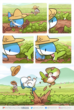 ambiguous_gender clothing dirt dirty female food gardening gardening_tool green_body group hat headgear headwear licking plant potato stuck sun_hat tongue tongue_out underground vegetable vress_(artist) vress_(character) human hybrid mammal shark_puppy