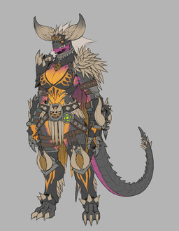 2_horns 3_claws 3_toes abs anthro anthrofied armor belt biped black_sclera bone bottomwear breasts claws cleavage clothed clothing digitigrade dipstick_horn eyelashes fangs feet female finger_claws fingers gauntlets gloves greaves grey_background grey_body grey_scales grey_tail hair handwear headgear helmet horn loincloth mouth_closed multicolored_body multicolored_horn navel nergigante_armor non-mammal_breasts orange_body pauldron pupils purple_body scales simple_background skull slit_pupils solo spiked_tail spikes spikes_(anatomy) standing tail tan_hair teeth three-quarter_view toe_claws toes topwear yellow_eyes exaxuxer capcom monster_hunter elder_dragon nergigante scalie 2019 absurd_res digital_drawing_(artwork) digital_media_(artwork) flat_colors full-length_portrait hi_res portrait
