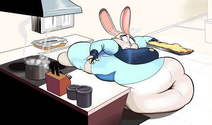 anthro belly belly_overhang big_belly breasts clothed clothing deep_navel female huge_belly hyper hyper_belly inside kitchen morbidly_obese morbidly_obese_anthro morbidly_obese_female navel obese obese_anthro obese_female overweight overweight_anthro overweight_female solo ultrahand disney zootopia judy_hopps lagomorph leporid mammal rabbit hi_res