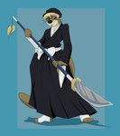 anthro black_clothing black_dress black_hat black_headwear blade blonde_hair blue_ear_piercing blue_eyes bow_ribbon brown_body brown_fur clothed_male clothing dress ear_piercing eyewear fur glaive glasses hair hat headgear headwear male melee_weapon naginata otter_tail piercing polearm simple_background solo standing sword tail weapon wearing_glasses white_bow pandottermon bleach_(series) parker_(pandottermon) mammal mustelid otter colored shaded