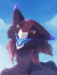 blue_tongue brown_eyes dandelion flower looking_at_viewer open_mouth open_smile plant sky smile solo teeth tongue yellow_sclera sidgi sergal hi_res