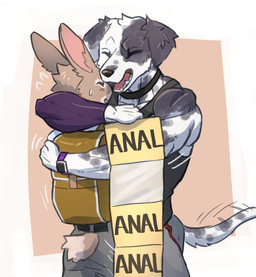 anthro athletic athletic_anthro athletic_male backpack bodily_fluids clothed clothing duo eyes_closed floppy_ears folded_ears fur hug kemono male male/male markings shirt spots spotted_body spotted_fur sweat sweatdrop tail tail_motion tailwag tank_top text topwear motor_dog canid canine canis domestic_dog lagomorph leporid mammal rabbit 2024 comic english_text hi_res