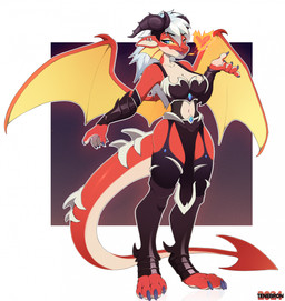 4_toes 5_fingers anthro armwear black_claws black_eyebrows black_horn blue_eyes bra breasts breath_powers claws cleavage clothed clothing ear_piercing elemental_manipulation eyebrows feet female fingers fire fire_breathing fire_manipulation hair heart_symbol horn leggings legwear multicolored_body navel panties piercing red_body solo standing tail toes underwear white_hair wings tenebron mythology dragon mythological_creature mythological_scalie scalie 2024 hi_res