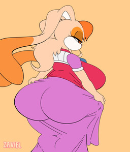 anthro big_breasts big_butt biped breasts butt clothed clothing clothing_pull dress dress_pull eyelashes female fully_clothed half-closed_eyes huge_breasts huge_butt long_ears narrowed_eyes simple_background solo three-quarter_view wide_hips zaviel sega sonic_the_hedgehog_(series) vanilla_the_rabbit lagomorph leporid mammal rabbit english_description