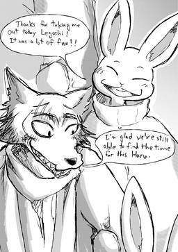 anthro blush blush_lines buckteeth clothing coat dialogue duo eyes_closed female fur holding_arm looking_at_another male muffler scarf smile teeth text topwear dragonweirdo beastars haru_(beastars) legoshi_(beastars) canid canine canis lagomorph leporid mammal rabbit wolf absurd_res comic english_text hi_res monochrome