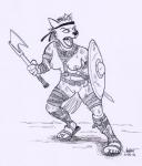 accessory anthro areola axe battle_axe biped black_nose breasts clothing female footwear genitals harness headband holding_object holding_weapon melee_weapon mostly_nude navel nipples open_mouth pussy round_shield sandals shield shoes simple_background solo standing sword weapon white_background rabbi-tom hyena mammal spotted_hyena 2016 greyscale monochrome signature