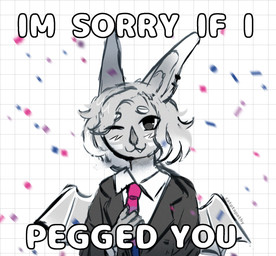 anthro bat_ears bat_nose bat_wings bisexual_pride_colors black_eyes clothed clothing confetti ear_piercing female fur grey_body grey_fur grey_hair grey_nose grey_wings hair holding_tie lgbt_pride looking_at_viewer membrane_(anatomy) membranous_wings meme_pose necktie one_eye_closed oversized_clothing piercing pride_colors simple_background smile smiling_at_viewer smug solo suit text white_background white_hair wings catptapathy kate_(catptapathy) bat mammal hi_res meme sketch
