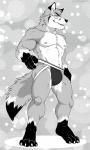 abs anthro biceps big_muscles biped bulge chest_tuft claws clothed clothing clothing_pull eyewear fur glasses jockstrap male muscular muscular_anthro muscular_male nipples pecs solo standing toe_claws topless tuft underwear underwear_pull aluminemsiren y-foxy canid canine fox mammal greyscale hi_res monochrome