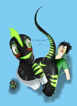 after_facesitting anthro beverage black_body blush blush_lines bodily_fluids bone_frill bottomless breasts clothed clothing dialogue duo facesitting female frill_(anatomy) genital_fluids glistening glowing glowing_markings licking licking_lips licking_own_lips male male/female markings monster_energy_can monster_energy_logo shoulderless_shirt simple_background sitting_on_another smile striped_body stripes tail text tongue tongue_out topwear vaginal_fluids worried temnelc monster_energy anon dinosaur dromaeosaurid prehistoric_species reptile scalie theropod absurd_res hi_res