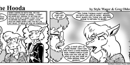 angry anthro beard bodily_fluids chest_tuft clothed clothed_female clothed_male clothing dialogue facial_hair female fur group hair male mustache open_mouth shirt tears text topwear trio tuft style_wager dela_the_hooda dela_aldershaw frank_dunn tom_(dela_the_hooda) canid canine fox hooda human mammal 2006 comic english_text greyscale monochrome