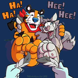 3_toes anthro bdsm black_body black_fur blue_nose bodily_fluids bondage bound crying_laughing dipstick_tail duo_focus feet foot_fetish fur grey_body grey_fur group holding_feather laugh loose_feather male markings mascot motion_lines orange_body orange_fur pink_tongue red_tongue restraints rope rope_bondage striped_body striped_fur stripes tail tail_markings tears teeth tickle_fetish tickle_torture tickling tickling_feet toes tongue whiskers white_body white_fur white_inner_ear white_tail_tip thebarkinhyena cookie_crisp frosted_flakes general_mills kellogg's chip_the_wolf tony_the_tiger canid canine canis felid mammal pantherine tiger wolf 1:1 2022 alpha_channel