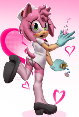 anthro blush butt clothing dress drugs fangs female footwear gloves green_eyes handwear hat headgear headwear legwear nurse nurse_clothing panties pills pink_body shoes solo syringe tail teeth thigh_highs underwear white_clothing white_panties white_underwear fixie sega sonic_the_hedgehog_(series) amy_rose eulipotyphlan hedgehog mammal absurd_res hi_res