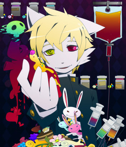 anthro biped blonde_hair clothing fur green_eyes hair heterochromia male red_eyes school_uniform slim_anthro slim_male solo uniform white_body white_fur oouyuki_benten domestic_cat felid feline felis mammal 2011 absurd_res hi_res