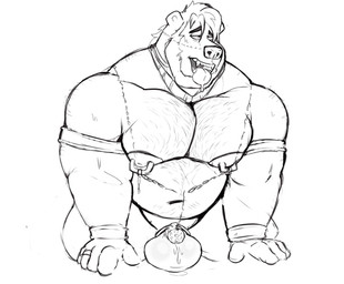 anthro armband balls barazoku belly big_balls big_muscles big_pecs bodily_fluids body_hair chain_jewelry chastity_cage chastity_device chest_hair collar cross-eyed drooling flat_chastity_cage genital_fluids genitals half-closed_eyes happy_trail harem_outfit hypnosis jewelry kneeling leaking_precum looking_pleasured male mind_control musclegut muscular muscular_male narrowed_eyes navel necklace nipple_piercing nipple_ring nipples open_mouth pecs piercing precum ring_piercing ringed_eyes saliva simple_background solo spiral submissive submissive_male tongue tongue_out tcw tcw_(character) bear mammal polar_bear ursine black_and_white hi_res monochrome sketch