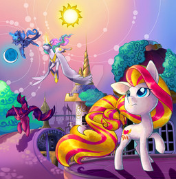 detailed_background female feral flying group horn moon sun wings sakuyamon_(artist) friendship_is_magic hasbro my_little_pony mythology princess_celestia_(mlp) princess_luna_(mlp) twilight_sparkle_(mlp) equid equine mammal mythological_creature mythological_equine unicorn winged_unicorn 2011 watermark sibling_(lore) sister_(lore) sisters_(lore)