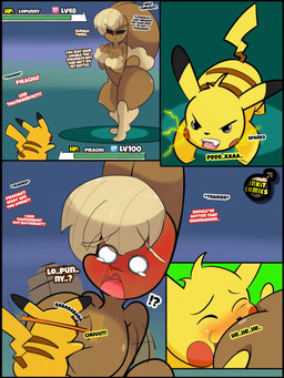 anthro big_breasts big_butt black_sclera blush bodily_fluids breast_grab breast_squish breasts brown_body brown_fur brown_stripes butt color_coded color_coded_text cross-popping_vein curvy_figure detailed_background dialogue duo female female_symbol feral fur gameplay_mechanics gender_symbol grope gui hand_on_breast health_bar hourglass_figure hug huge_breasts huge_butt inner_monologue interrobang level_difference level_number male male/female male_symbol multicolored_body multicolored_fur nude number offscreen_character pokemon_battle pokemon_move pokemon_speak red_eyes smile species_in_dialogue squish striped_body striped_fur stripes stuttering surprised symbol tail tan_body tan_fur tears teeth text thick_thighs thinking tongue voluptuous wide_hips yellow_body yellow_fur inkit89 nintendo pokemon generation_1_pokemon generation_4_pokemon lagomorph leporid lopunny mammal pikachu pokemon_(species) rodent 2019 3:4 comic digital_media_(artwork) english_text hi_res