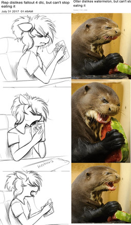 anthro bodily_fluids eating fangs female food fruit melon plant saliva teeth text watermelon replica_(artist) fallout hasbro microsoft my_little_pony fan_character replica_(oc) equid equine horse mammal mustelid otter pony 2017 comic english_text hi_res
