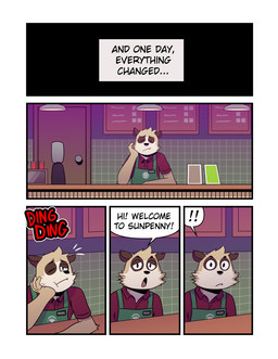 5_panel_comic anthro apron at_work barista bored clothing coffee_machine coffee_shop counter dialogue elbow_on_counter exclamation_point eyes_closed fur head_on_hand logo male menu name_tag solo speech_bubble surprised tan_body tan_fur text uniform whiskers t0l0k miguel_(t0l0k) herpestid mammal meerkat comic english_text hi_res multiple_scenes