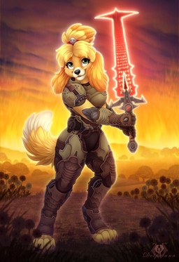 4_fingers 4_toes accessory anthro armor barefoot bell black_nose blonde_hair body_armor claws cloud detailed_background digitigrade eyebrows eyelashes feet female fingers fire flower fluffy fluffy_tail front_view fur green_eyes hair hair_accessory hair_tie holding_melee_weapon holding_object holding_sword holding_weapon looking_at_viewer melee_weapon outline outside plant pose sky smile snout solo standing sword tail tied_hair toe_claws toes tree two_tone_tail weapon white_tail yellow_body yellow_fur yellow_tail dolphydolphiana animal_crossing doom_(series) id_software microsoft nintendo isabelle_(animal_crossing) canid canine canis domestic_dog mammal shih_tzu toy_dog 2020 crossover full-length_portrait portrait signature warm_colors