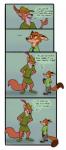 anthro barefoot black_nose bottomless bycocket clothed clothing countershading dialogue feet fur group hat headgear headwear humor male simple_background text silverclaw1 disney robin_hood_(disney) zootopia nick_wilde robin_hood canid canine fox mammal red_fox true_fox 2018 comic crossover english_text hi_res