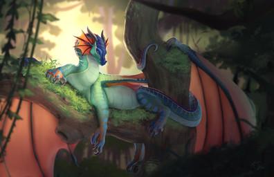ambiguous_feral ambiguous_gender belly branch claws day depth_of_field detailed_background detailed_scales digitigrade ear_frill facial_horn feral foreground_silhouette forest frill_(anatomy) green_body green_scales grey_claws high_place horn in_tree light long_neck looking_at_viewer lying membrane_(anatomy) membranous_wings moss narrowed_eyes nature neck_frill nose_horn on_branch on_front plant scales side_view snout solo sunlight tail tail_coil tail_spines tree ventral_scales vines wing_claws wings yellow_eyes dracanthrope european_mythology mythology wings_of_fire glory_(wof) ambient_dragon ambient_snake dragon mythological_creature mythological_scalie scalie western_dragon 2024 absurd_res detailed full-length_portrait hi_res portrait