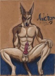 anthro anus bodily_fluids cum ear_piercing erection floor genital_fluids genitals male nude penis piercing solo tail tongue daelyhelaxon canid canine canis domestic_dog mammal colored_pencil_(artwork) traditional_media_(artwork)