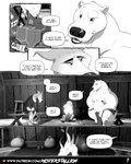4:5 bear bonfire bottomwear canid canine canis clothed clothing comic dialogue electricity electricity_manipulation elemental_manipulation english_text greyscale hammer hi_res holding_object holding_weapon inside loincloth loincloth_only male male/male mammal misterstallion monochrome muscular nipples onomatopoeia polar_bear shirt shirtless sound_effects text tools topless topwear tunic url ursine vowelless vowelless_sound_effect weapon wolf