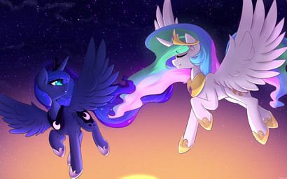 blue_body blue_eyes blue_feathers cutie_mark duo eyes_closed feathered_wings feathers female feral flying hair horn inner_ear_fluff long_hair multicolored_hair multicolored_tail sky star starry_sky sun sunrise tail tuft white_body white_feathers wings thebatfang friendship_is_magic hasbro my_little_pony mythology princess_celestia_(mlp) princess_luna_(mlp) equid equine mammal mythological_creature mythological_equine winged_unicorn 16:10 2017 absurd_res hi_res wallpaper widescreen sibling_(lore) sister_(lore) sisters_(lore)