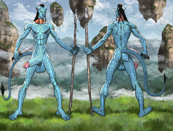 abs balls black_hair blue_balls blue_body blue_penis blue_skin dagger erection genitals glans hair humanoid_genitalia humanoid_penis knife male melee_weapon not_furry nude penis pink_glans polearm solo spear standing weapon anma james_cameron's_avatar tsu'tey alien alien_humanoid humanoid na'vi absurd_res hi_res