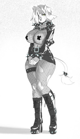 accessory alternative_fashion anthro belt belt_buckle boots bottomwear bracelet buckle clothed clothing collar cross ear_piercing ear_ring eyeshadow facial_piercing female fishnet_clothing fishnet_legwear footwear furgonomics goth harness_ring high_heeled_boots high_heels jewelry latex latex_boots latex_clothing latex_footwear latex_jacket legband leggings legwear makeup miniskirt nipple_tape nose_piercing nose_ring pasties piercing ring ring_piercing shoes simple_background skimpy skirt solo spiked_bracelet spiked_collar spikes tail tail_accessory tail_jewelry tail_ring tape thighband torn_clothing torn_leggings torn_legwear yellow_eyes onicristice laura_(soft_rain) bovid bovine cattle mammal absurd_res hi_res trans_(lore) trans_woman_(lore)