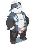 anthro balls belly black_body black_nose clothed clothing erection foreskin genitals humanoid_genitalia humanoid_penis kemono male navel open_clothing open_shirt open_topwear penis shirt simple_background slightly_chubby solo topwear white_background white_body tekimi bear giant_panda mammal 2022