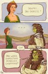 3_panel_comic 5_fingers armor asking asking_another blue_eyes blue_sky braided_hair breasts brown_clothing brown_eyes brown_gloves brown_hair brown_handwear brown_topwear brown_vest cleavage clothed clothed_female clothed_human clothed_humanoid clothing cloud collarbone colored_nails crossed_arms crossgender crown day dialogue dress duo ellipsis eye_contact eyebrows eyelashes female female/female female_human fingernails fingers forest freckled_face freckles gloves green_clothing green_dress green_fingernails green_hair_tie green_nails hair handwear headgear hillside larger_female larger_humanoid leaf leaf_in_hair light lips logo long_hair looking_at_another messy_hair mouth_closed mtf_crossgender nails name_drop name_in_dialogue not_furry outside pauldron plant princess red_eyebrows red_hair red_lips river royalty shirt size_difference sky smaller_female smaller_human speech_bubble standing talking_to_another tan_body tan_skin text tiara topwear tree vest wavy_hair worried_look yelling yellow_clothing yellow_shirt yellow_topwear ravangie dreamworks shrek_(series) princess_fiona shrek_(character) human humanoid mammal ogre 2024 absurd_res artist_logo colored comic digital_media_(artwork) english_description english_text hi_res lighting shaded