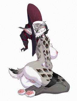 anthro anus cheek_tuft chest_tuft clothing costume facial_tuft female fluffy fluffy_ears fur genitals green_eyes grey_body grey_fur halloween_costume hat headgear headwear holidays legwear looking_at_viewer multicolored_body multicolored_fur nipples pawpads paws sitting solo stockings tuft vulva witch_costume witch_hat moirah halloween zeroarashi_(zeroarashi98) felid feline lynx mammal absurd_res hi_res