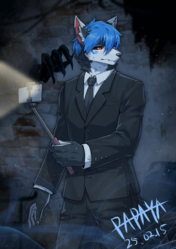 anthro blue_eyes blue_hair bodily_fluids clothed clothing disembodied_hand duo fur glistening glistening_eyes grey_body grey_fur hair male mouth_closed red_eyes short_hair solo_focus standing sweat sweatdrop white_body white_fur papayafurry canid canine mammal 2025 dated hi_res portrait signature three-quarter_portrait