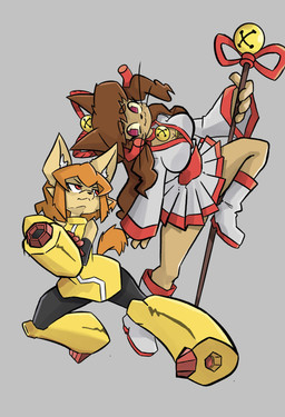 accessory alternate_costume anthro arm_cannon asian_clothing bell bell_collar boots bottomwear bow_ribbon breasts brown_body brown_ears brown_fur brown_hair cheek_tuft clothing clothing_swap collar cosplay crossover_cosplay duo ear_tuft east_asian_clothing facial_tuft female fishnet_clothing fishnet_topwear footwear fur grey_background hair hair_accessory hair_bow hair_ribbon japanese_clothing kimono long_hair looking_at_another multiple_poses orange_hair orange_tail pink_eyes pose ranged_weapon red_clothing red_eyes ribbons sash shoes short_hair short_tail simple_background spandex staff tail tight_clothing topwear tuft weapon weapon_arm white_clothing yellow_body yellow_fur snoutless gameoverse glitch_productions undertale undertale_(series) undertale_yellow ceroba_ketsukane kit_bodega canid canine domestic_cat felid feline felis fox mammal absurd_res crossover digital_drawing_(artwork) digital_media_(artwork) hi_res