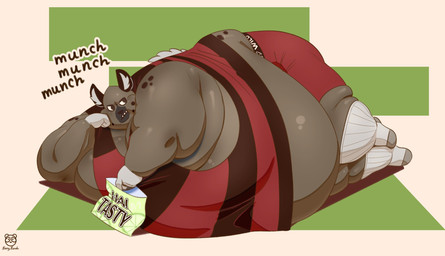 anthro belly big_belly big_cheeks brown_body brown_fur chip_bag chubby_cheeks clothing eating fur hgue_moobs huge_belly lying male morbidly_obese morbidly_obese_anthro morbidly_obese_male obese obese_anthro obese_male on_side onomatopoeia overweight overweight_anthro overweight_male pattern_clothing pattern_shirt pattern_topwear red_clothing red_underwear resting_on_arm shirt solo sound_effects spots striped_clothing striped_shirt striped_topwear stripes text topwear underwear pearypanda aggretsuko sanrio haida_(aggretsuko) hyena mammal hi_res