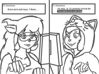 anthro big_breasts blonde_hair breasts clothed clothing computer dialogue duo electronics eyewear female female/female glasses hair long_hair mature_anthro mature_female onesie open_mouth pajamas roleplay simple_background sitting smile text topwear typing imierbenety hanna-barbera swat_kats abby_sinian callie_briggs domestic_cat felid feline felis mammal 2021 4:3 black_and_white digital_drawing_(artwork) digital_media_(artwork) english_text hi_res meme monochrome sketch