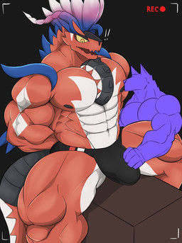 abs anthro anthrofied barazoku biceps big_muscles big_pecs bulge camera_view clothed clothing detailed_bulge duo erection erection_under_clothing feathers genital_outline genitals hand_on_bulge huge_pecs male muscular muscular_anthro muscular_male muscular_thighs nipples partially_clothed pecs penis_outline pokemorph quads recording red_body serratus simple_background sitting surprised tail thong tire tongue topless topless_male triceps underwear wolfblack43 mythology nintendo pokemon ancient_pokemon apex_build_koraidon canid canine dragon generation_9_pokemon koraidon legendary_pokemon mammal mythological_creature mythological_scalie paradox_pokemon pokemon_(species) scalie 2022 digital_media_(artwork) hi_res