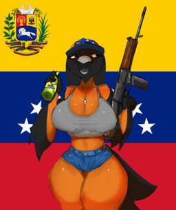ak-47 ak_platform anthro assault_rifle beverage big_breasts blue_bottomwear blue_clothing blue_shorts bottomwear breasts brown_body brown_skin clothed clothing female female_anthro flag grey_clothing grey_topwear gun hat headgear headwear holding_object neckwear pose ranged_weapon rifle shorts solo thick_thighs topwear venezuela venezuelan_flag weapon wide_hips mamasoyanini avian bird corvid corvus_(genus) crow oscine passerine hi_res portrait three-quarter_portrait