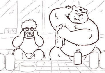 anthro bathing convenient_censorship cute_fangs duo eyes_closed fangs kemono male overweight overweight_male teeth towel hon55728 bear mammal 2025 hi_res
