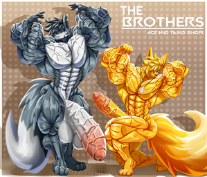 abs anthro biceps big_muscles big_penis black_body black_fur black_hair blonde_hair dog_tags duo erection flaccid flexing flexing_bicep fur genitals green_eyes grey_body grey_fur hair huge_muscles huge_penis hyper hyper_muscles jewelry kneeling long_tail looking_at_viewer male male/male multicolored_body multicolored_fur muscular muscular_anthro muscular_arms muscular_male necklace nude nude_anthro pecs penis pose posing_for_picture purple_eyes smile smiling_at_viewer solo standing tail text vein veiny_arms veiny_muscles veiny_penis yellow_body yellow_fur yellow_tail taiko-sihori canid canine fennec_fox fox mammal true_fox hi_res brother_(lore) brothers_(lore) sibling_(lore)