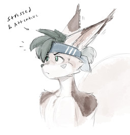 anthro arm_tuft black_hair bodily_fluids brown_body brown_fur directional_arrow ear_tuft facial_markings facial_tuft fur green_eyes hair head_markings inner_ear_fluff kerchief male markings shoulder_tuft solo sweat sweatdrop text tuft white_body white_fur hush_button non_(hush_button) domestic_cat felid feline felis mammal 2025 english_text