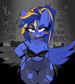 anthro biped clothing dialogue eyelashes female female_anthro freckled_face freckles glistening_eyelids group heart_symbol long_eyelashes looking_at_viewer motion_lines piercing solo_focus text torn_clothing wide_hips wings ri_denueth hasbro my_little_pony mythology fan_character shina_(denueth) canid canine canis domestic_dog equid equine mammal mythological_creature mythological_equine pegasus english_text hi_res