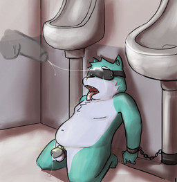anthro bathroom bdsm blindfold blue_body blue_fur bodily_fluids bound bukkake chastity_cage chastity_cage_only chastity_device chastity_device_only cuff_(restraint) cum cum_on_face disembodied_penis duo fur genital_fluids genitals green_body handcuffed handcuffs kneeling male male/male metal_chastity_cage metal_cuffs nude open_mouth overweight overweight_male penis precum precum_string public public_restroom restraints sensory_deprivation shackles solo_focus tongue tongue_out urinal wearing_chastity_cage wearing_chastity_device sebasteray canid canine mammal hi_res