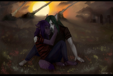 4_fingers 5_fingers anthro barefoot black_bars black_nose clothed clothing digitigrade duo ear_piercing feet fingers fur green_hair hair piercing purple_body purple_fur purple_hair sun white_body white_fur entsk canid canine canis domestic_dog mammal 2014 hi_res