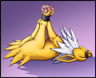 anus balls bdsm black_border bondage border bound feral feral_bondage gag gagged genitals hogtied male muzzle_(object) muzzled pawpads paws pink_pawpads solo tape raptorroper nintendo pokemon eeveelution generation_1_pokemon jolteon pokemon_(species) hi_res