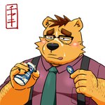 anthro black_nose blush clothing dairy_products eyewear food glasses humanoid_hands kemono male necktie overweight overweight_male shirt solo tongue tongue_out topwear yogurt ch_ia_ki bear mammal 1:1 2024 absurd_res hi_res