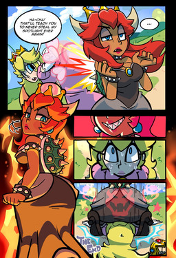 2_horns angry armband armwear attack big_breasts big_butt black_clothing black_dress blonde_hair blue_eyes blush_(makeup) bodily_fluids bracelet breasts butt butt_crush butt_slam butt_smother cleavage clothed clothing collar crossgender crown dark_body dark_skin day dialogue dominant dominant_female dominant_humanoid dress duo ear_piercing elbow_gloves ellipsis eyeshadow facesitting female female/female fire fire_background fist flying_peach footwear gloves grin hair handwear headgear heart_symbol high_heels horn human_on_humanoid humanoidized interspecies jealous jewelry lidded_eyes light_body light_skin lipstick long_hair looking_at_another looking_back looking_back_at_another looking_down looking_down_at_another looking_up_at_another looming_over lying makeup mtf_crossgender narrowed_eyes on_back on_ground outside piercing pink_lipstick red_hair red_lipstick regret role_reversal scared sharp_teeth shell shoes sitting sitting_on_another smile smothering speech_bubble spiked_armband spiked_bracelet spiked_collar spiked_shell spikes spikes_(anatomy) submissive submissive_female submissive_human super_crown sweat sweatdrop sweaty_face talking_to_another teeth text the_end threatening wide_hips cheebsnsfw bowsette_meme mario_bros nintendo super_smash_bros. bowser princess_peach animal_humanoid horned_humanoid human humanoid koopa_humanoid mammal scalie scalie_humanoid 2018 comic digital_drawing_(artwork) digital_media_(artwork) english_text hi_res meme signature