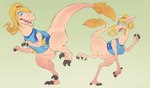 alternate_species anthro blonde_hair bottomless breasts claws clothed clothing feet female hair implied_transformation on_one_leg pawpads ponytail shirt solo standing surprised tail talons toes topwear subakitsu metroid nintendo out-of-placers samus_aran dinosaur mammal prehistoric_species reptile scalie yinglet 2024 digital_media_(artwork) hi_res