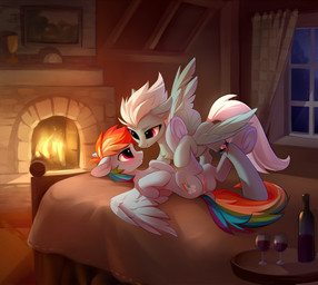 anus award bed bedding blue_body blue_fur blue_wings blush bottle clock container cup curtains cutie_mark detailed_background dock_(anatomy) drinking_glass duo eye_contact feathered_wings feathers female female/female feral fire fireplace fur furniture genitals glass glass_container glass_cup hair hooves imminent_sex inside leg_grab looking_at_another lying multicolored_hair night on_back plant quadruped rainbow_hair romantic romantic_ambiance romantic_couple smile star table tail trophy underhoof vulva white_hair window wine_glass wings tomatocoup friendship_is_magic hasbro my_little_pony mythology fleetfoot_(mlp) rainbow_dash_(mlp) wonderbolts_(mlp) equid equine mammal mythological_creature mythological_equine pegasus 2017 digital_media_(artwork) hi_res